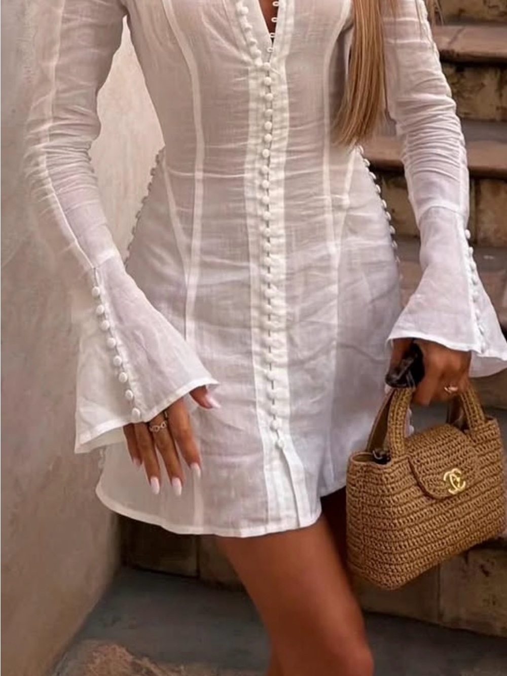 White Button-Front Long-Sleeve Linen Mini Dress